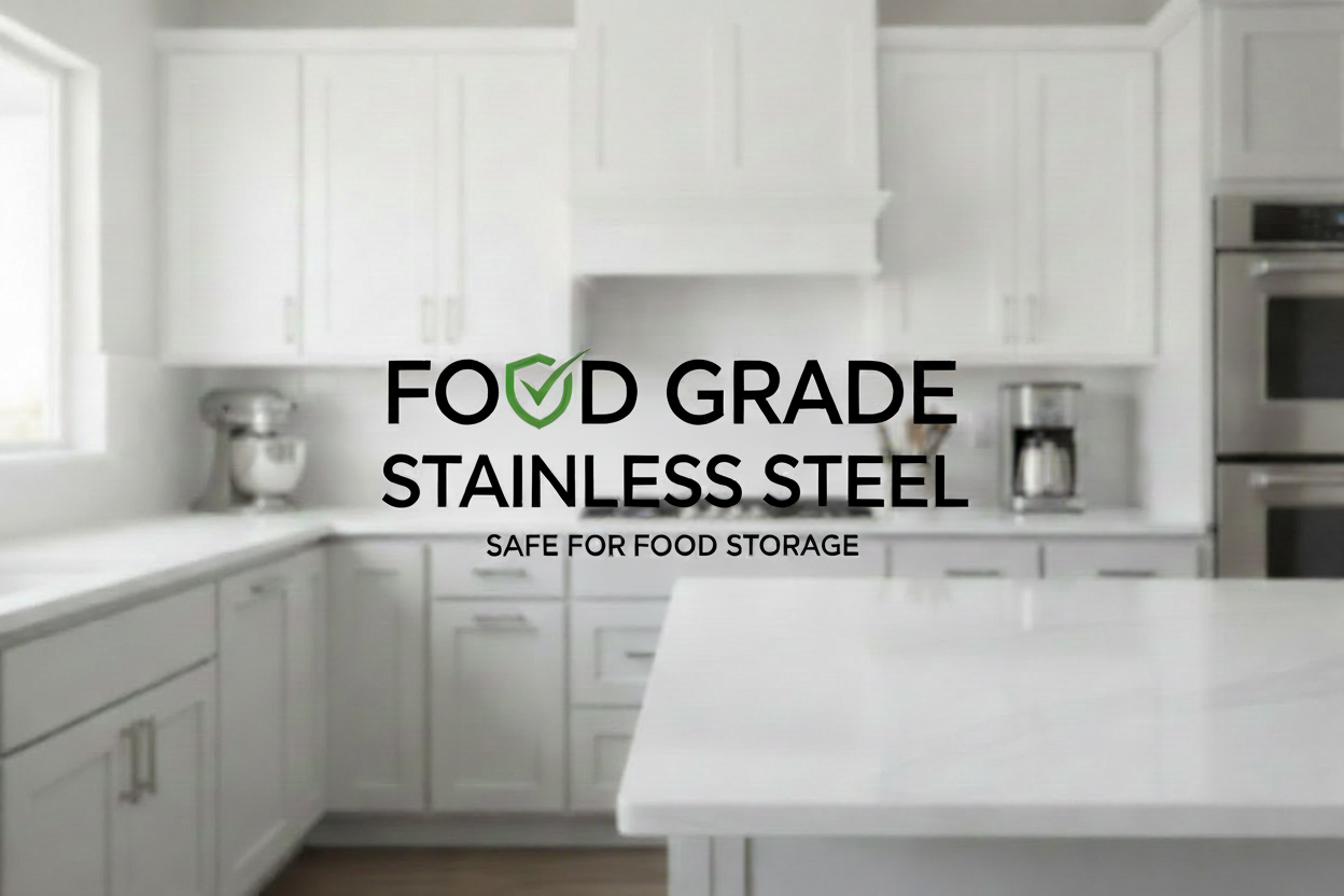 Text 'FOOD GRADE STAINLESS STEEL SAFE FOR FOOD STORAGE' on a white background