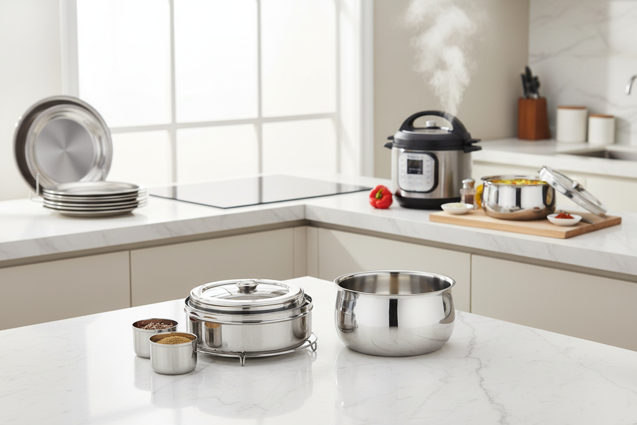 Premium kitchen hero with plates on opposite counter